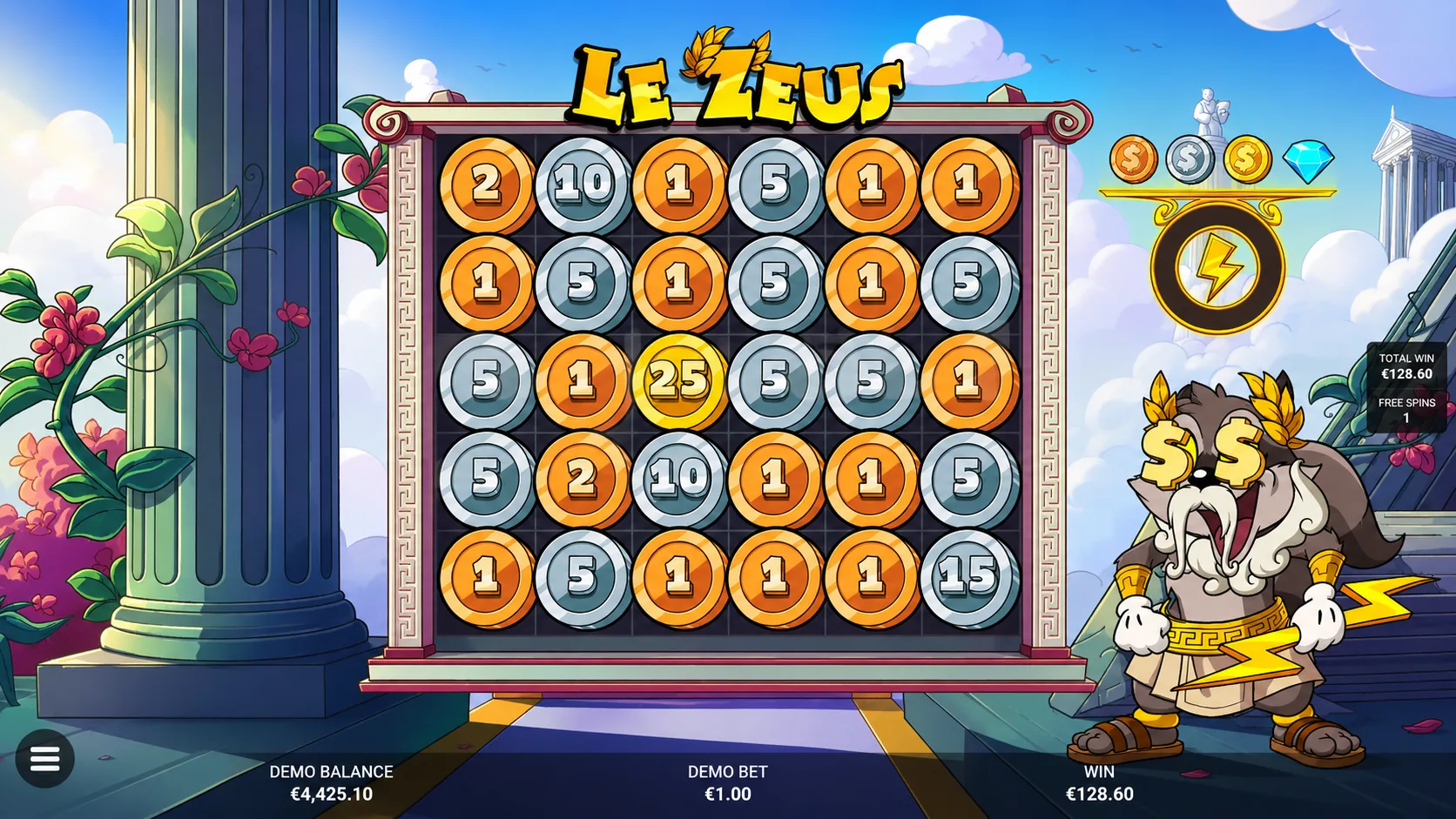 Le Zeus coin prize screen